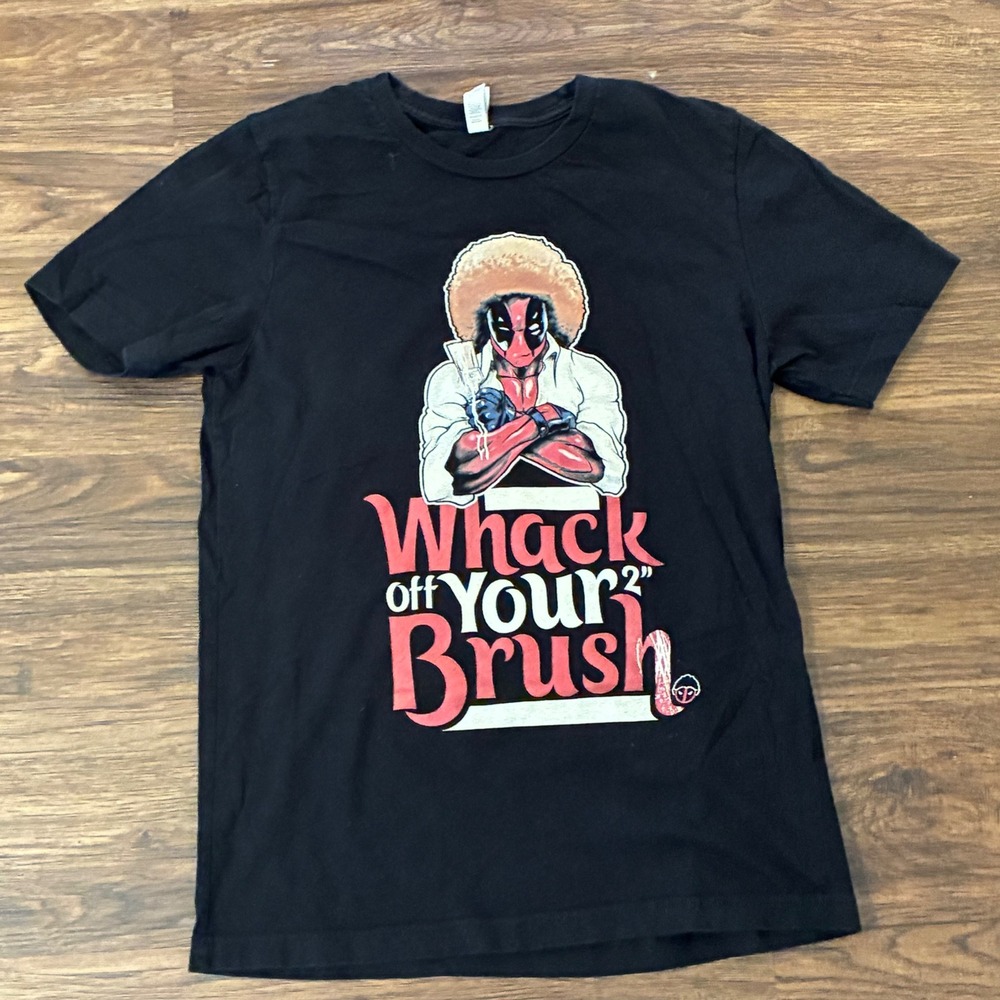 Marvel Deadpool Bob Ross Parody‎ T-Shirt Mens Medium Black Red Graphic Tee Rare